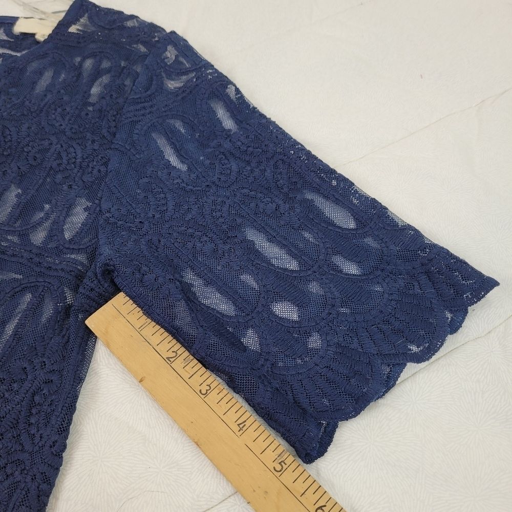 Anthropologie En Elle navy sheer lace top short sleeves crew neck fancy fairy 6 - Picture 6 of 8